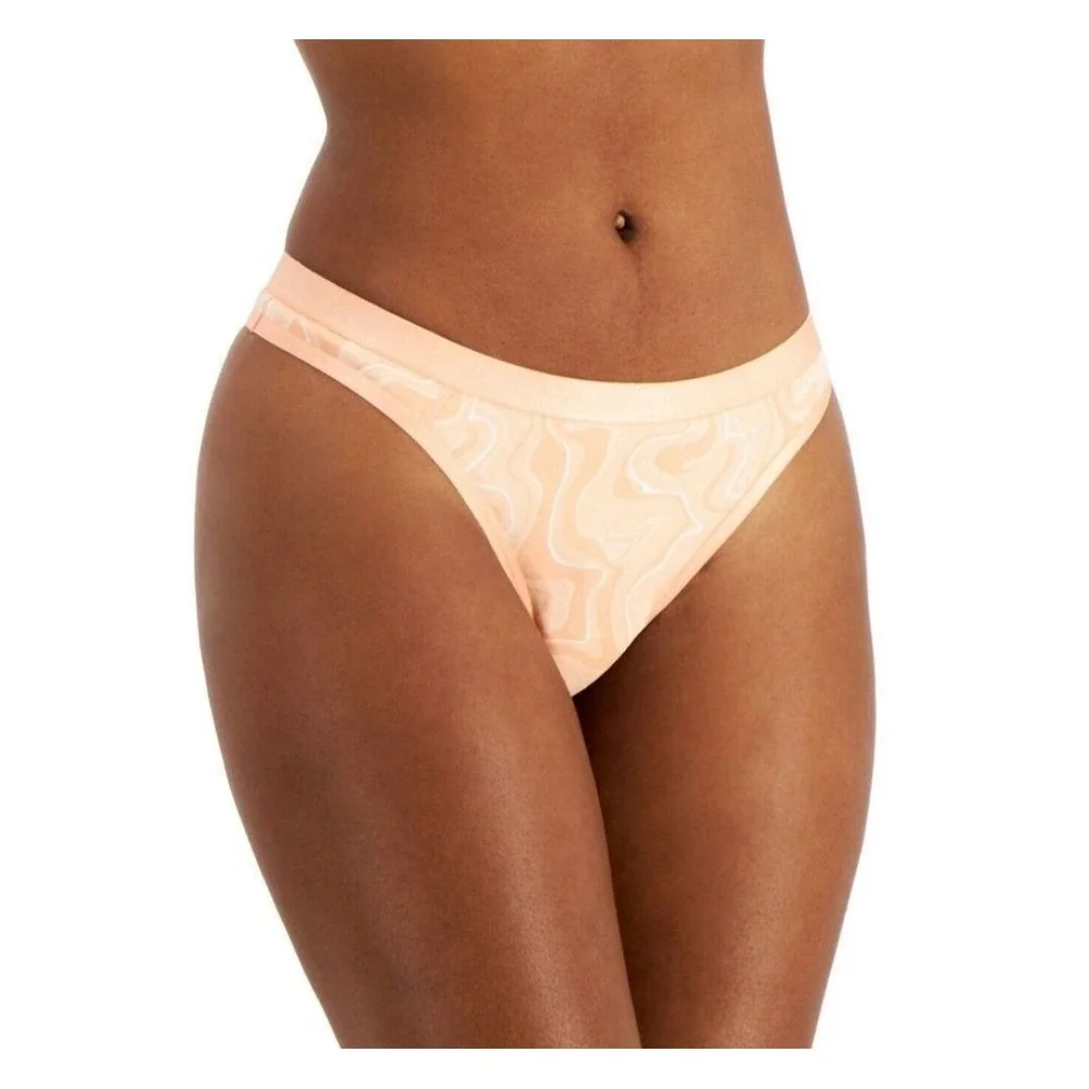 Jenni Thong Panties Women XL Peach White Jagged Lines Cotton Blend Elastic Waist